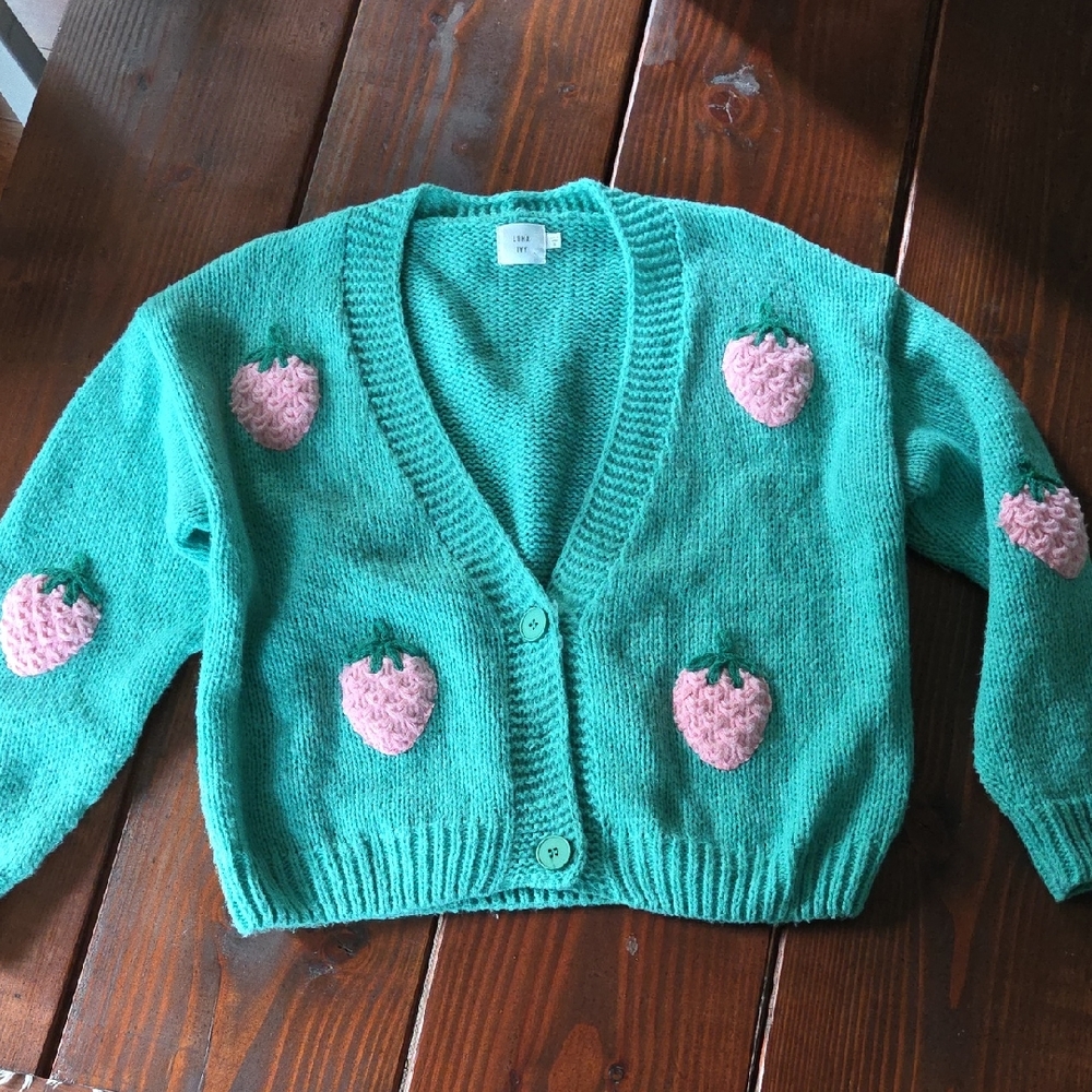 Green Cardigan with Pink Strawberry Patches